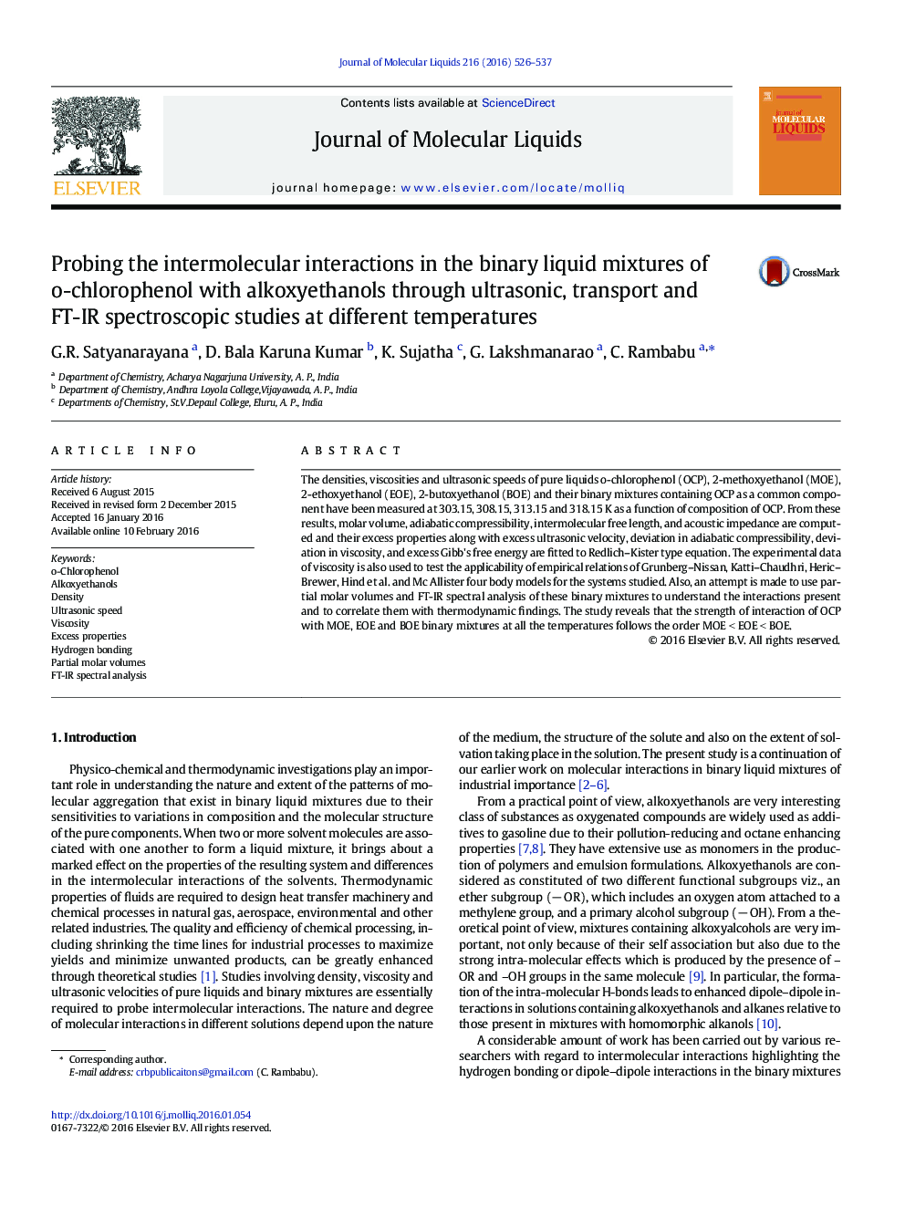 Probing the intermolecular interactions in the binary liquid mixtures of o-chlorophenol with alkoxyethanols through ultrasonic, transport and FT-IR spectroscopic studies at different temperatures