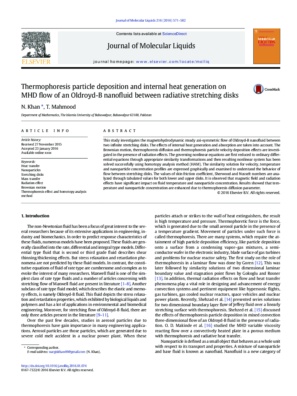 Thermophoresis particle deposition and internal heat generation on MHD flow of an Oldroyd-B nanofluid between radiative stretching disks