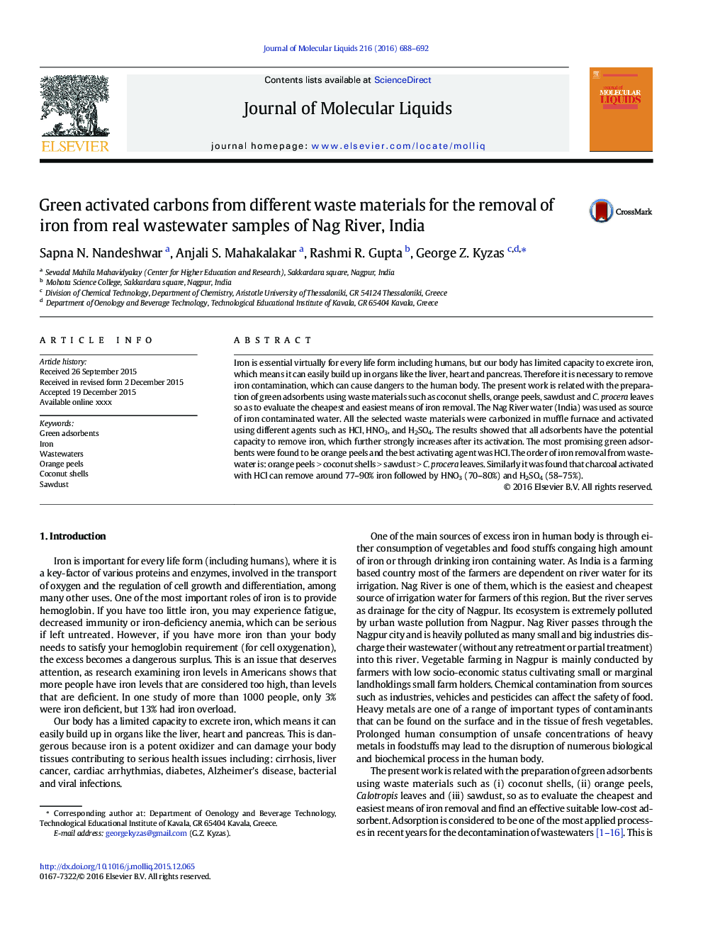 Green activated carbons from different waste materials for the removal of iron from real wastewater samples of Nag River, India