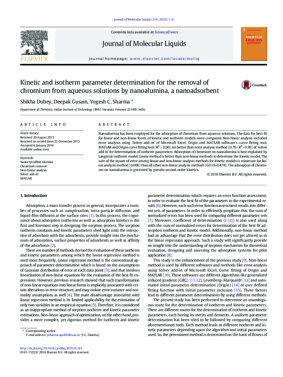 Kinetic and isotherm parameter determination for the removal of chromium from aqueous solutions by nanoalumina, a nanoadsorbent