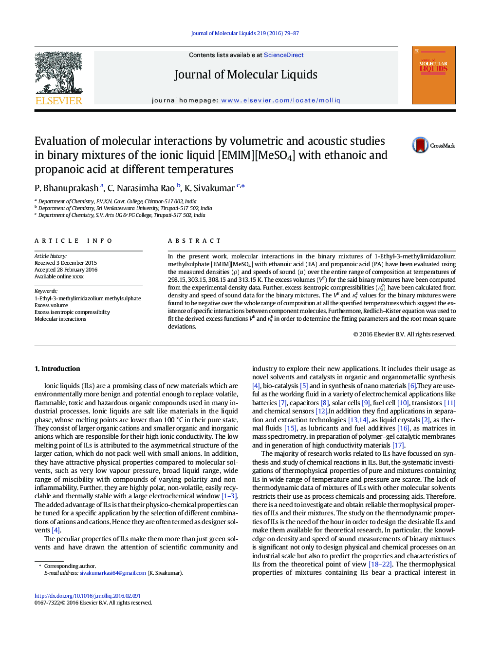 Evaluation of molecular interactions by volumetric and acoustic studies in binary mixtures of the ionic liquid [EMIM][MeSO4] with ethanoic and propanoic acid at different temperatures