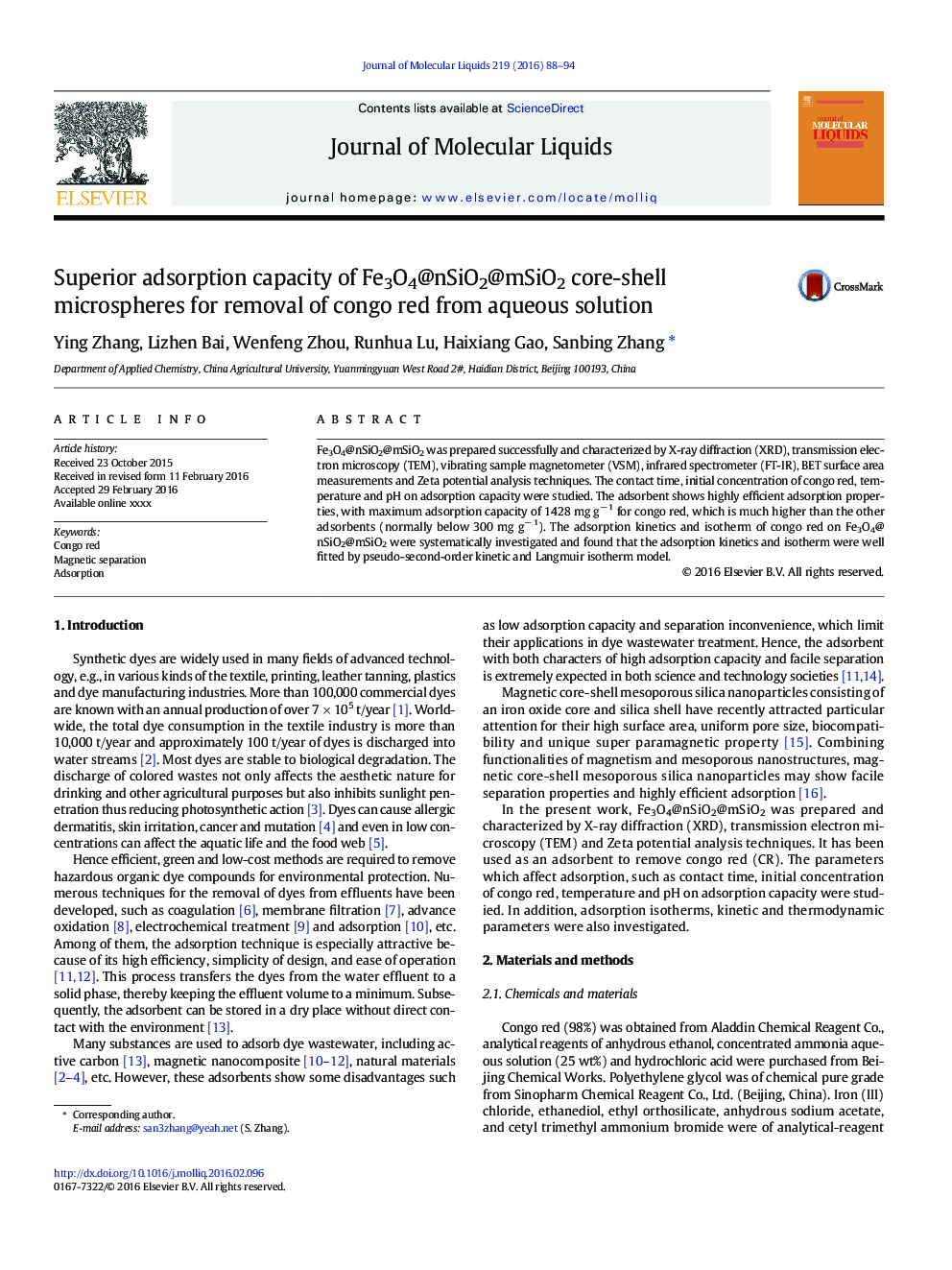 Superior adsorption capacity of Fe3O4@nSiO2@mSiO2 core-shell microspheres for removal of congo red from aqueous solution