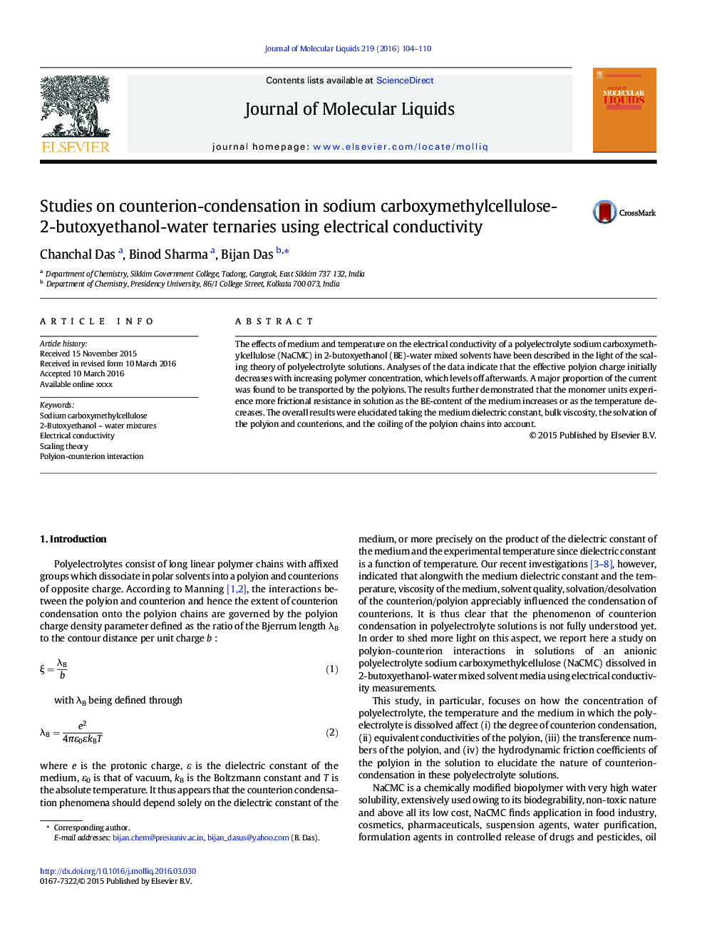 Studies on counterion-condensation in sodium carboxymethylcellulose- 2-butoxyethanol-water ternaries using electrical conductivity