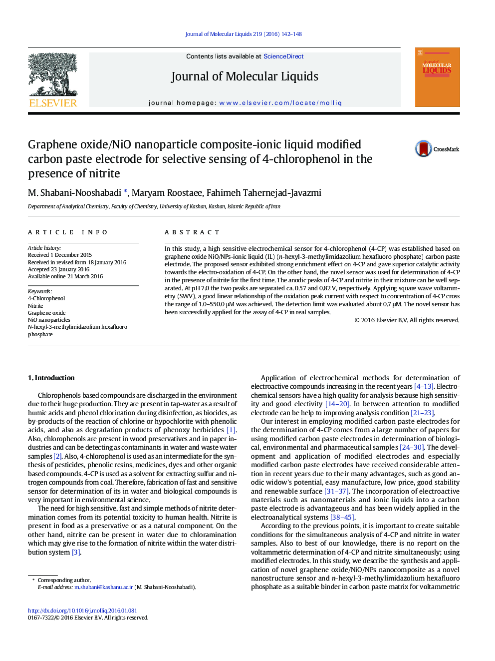 Graphene oxide/NiO nanoparticle composite-ionic liquid modified carbon paste electrode for selective sensing of 4-chlorophenol in the presence of nitrite