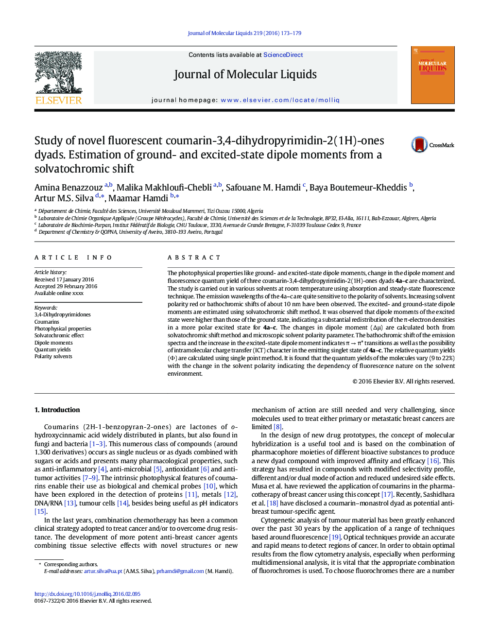 عکس صفحه اول مقاله: Study of novel fluorescent coumarin-3,4-dihydropyrimidin-2(1H)-ones dyads. Estimation of ground- and excited-state dipole moments from a solvatochromic shift Study of novel fluorescent coumarin-3,4-dihydropyrimidin-2(1H)-ones dyads. Estimation of ground- and excited-state dipole moments from a solvatochromic shift