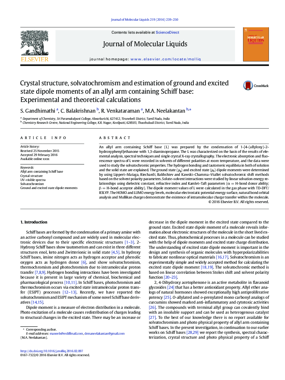 Crystal structure, solvatochromism and estimation of ground and excited state dipole moments of an allyl arm containing Schiff base: Experimental and theoretical calculations