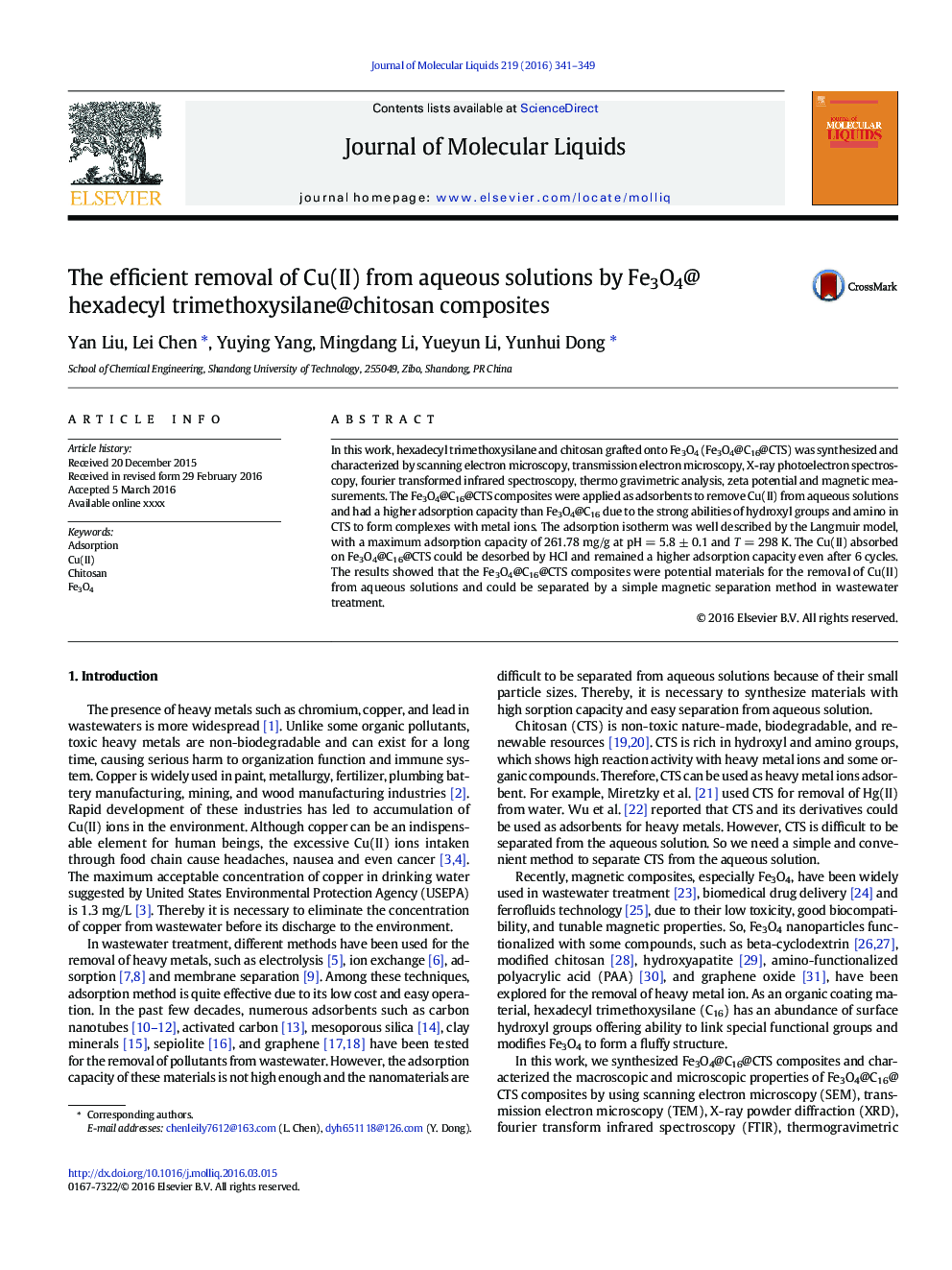 عکس صفحه اول مقاله: The efficient removal of Cu(II) from aqueous solutions by Fe3O4@hexadecyl trimethoxysilane@chitosan composites The efficient removal of Cu(II) from aqueous solutions by Fe3O4@hexadecyl trimethoxysilane@chitosan composites