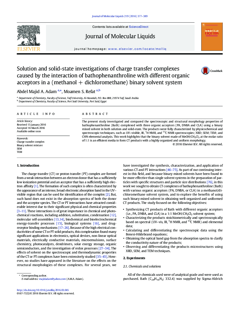 Solution and solid-state investigations of charge transfer complexes caused by the interaction of bathophenanthroline with different organic acceptors in a (methanolÂ +Â dichloromethane) binary solvent system