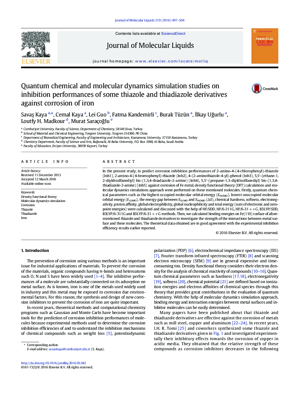 Quantum chemical and molecular dynamics simulation studies on inhibition performances of some thiazole and thiadiazole derivatives against corrosion of iron