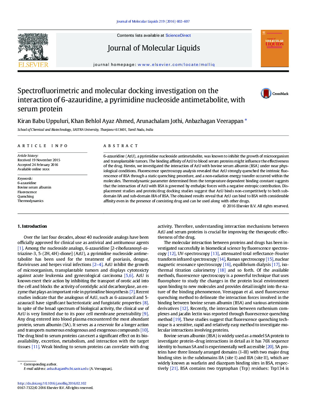 Spectrofluorimetric and molecular docking investigation on the interaction of 6-azauridine, a pyrimidine nucleoside antimetabolite, with serum protein