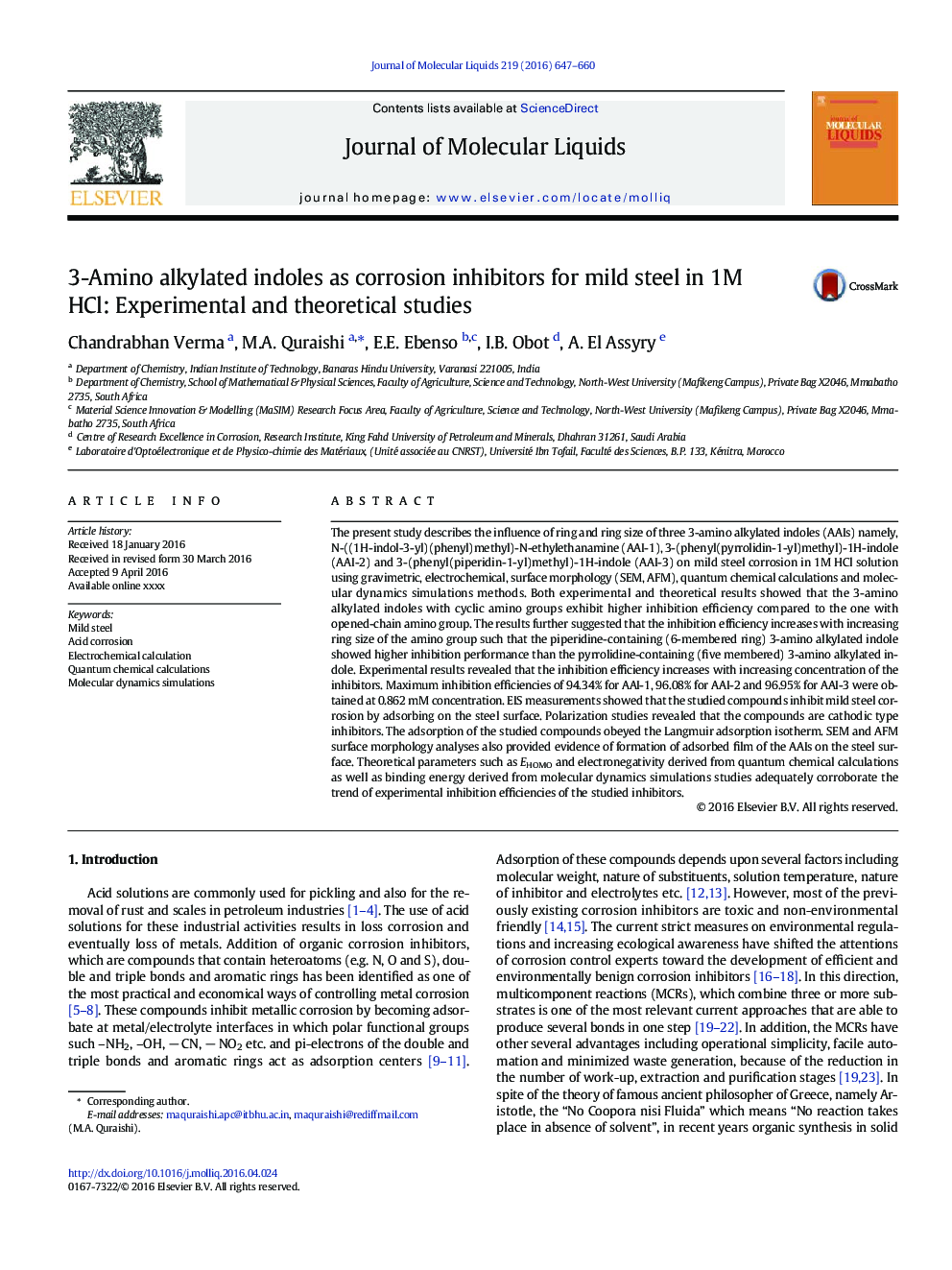 3-Amino alkylated indoles as corrosion inhibitors for mild steel in 1M HCl: Experimental and theoretical studies