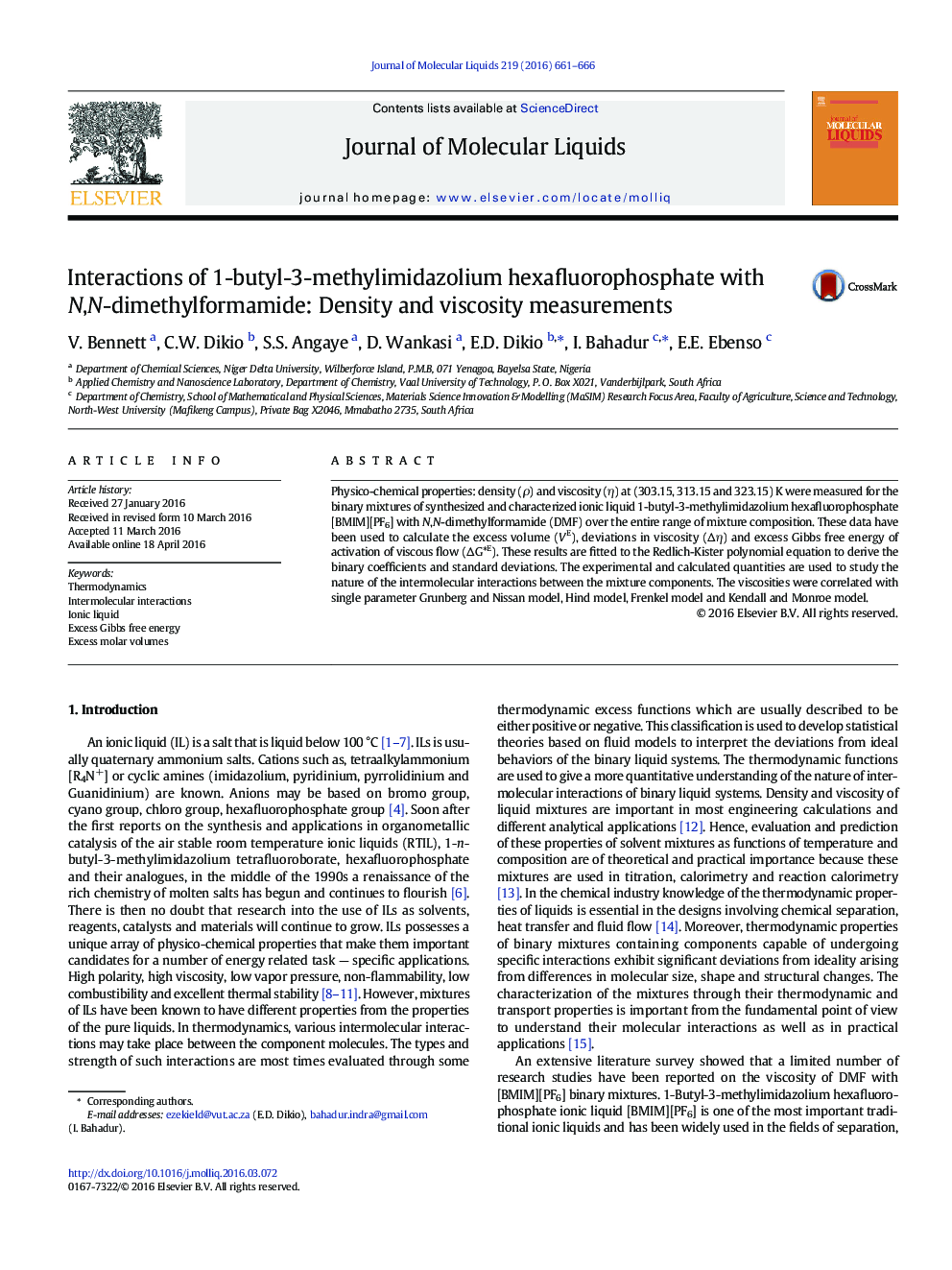 Interactions of 1-butyl-3-methylimidazolium hexafluorophosphate with N,N-dimethylformamide: Density and viscosity measurements