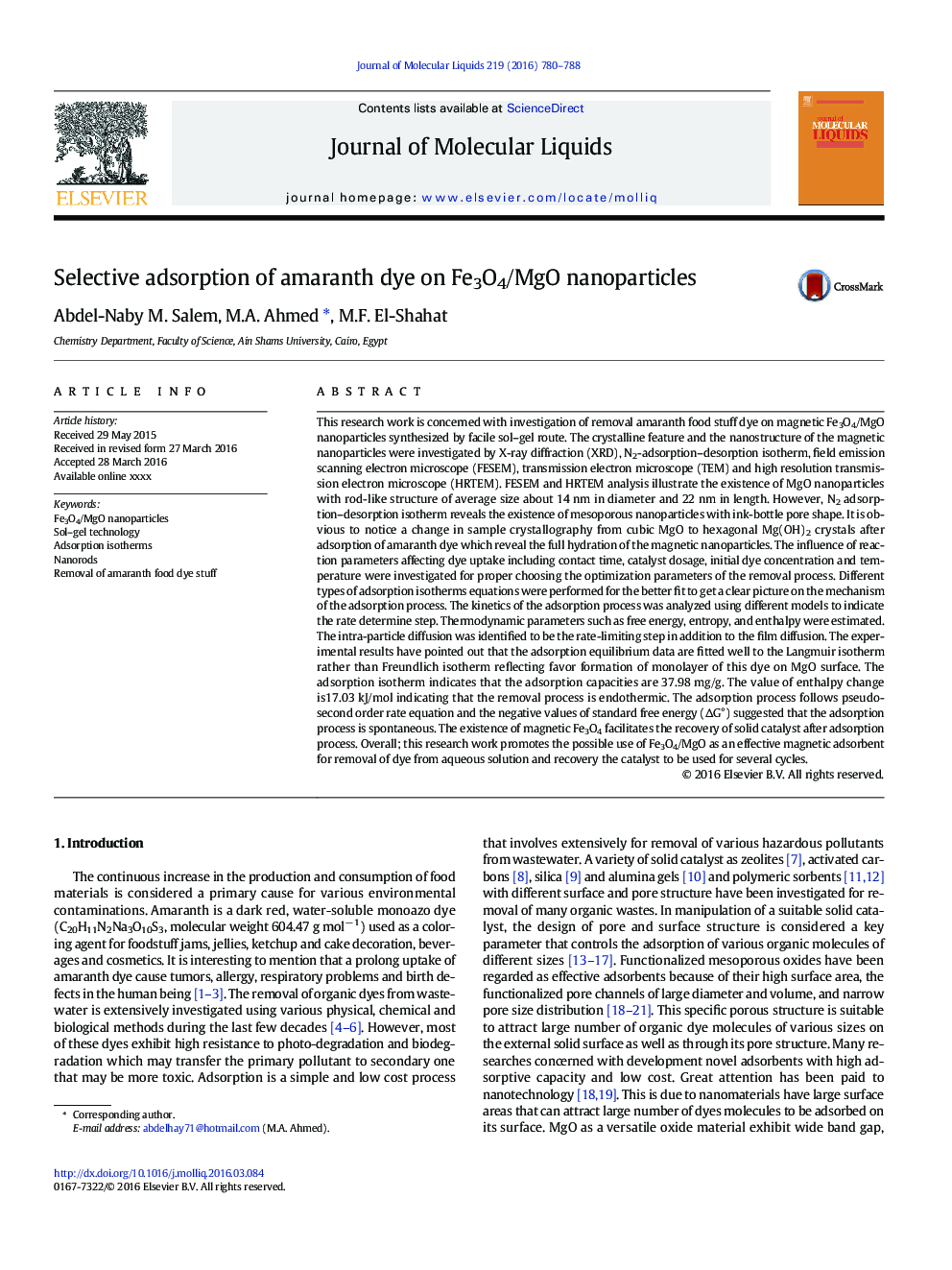 Selective adsorption of amaranth dye on Fe3O4/MgO nanoparticles