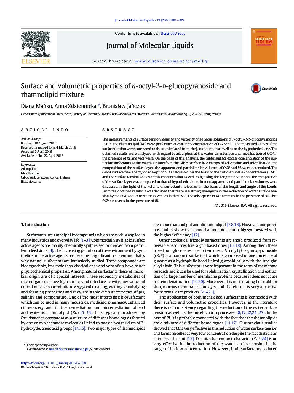 Surface and volumetric properties of n-octyl-Î²-d-glucopyranoside and rhamnolipid mixture