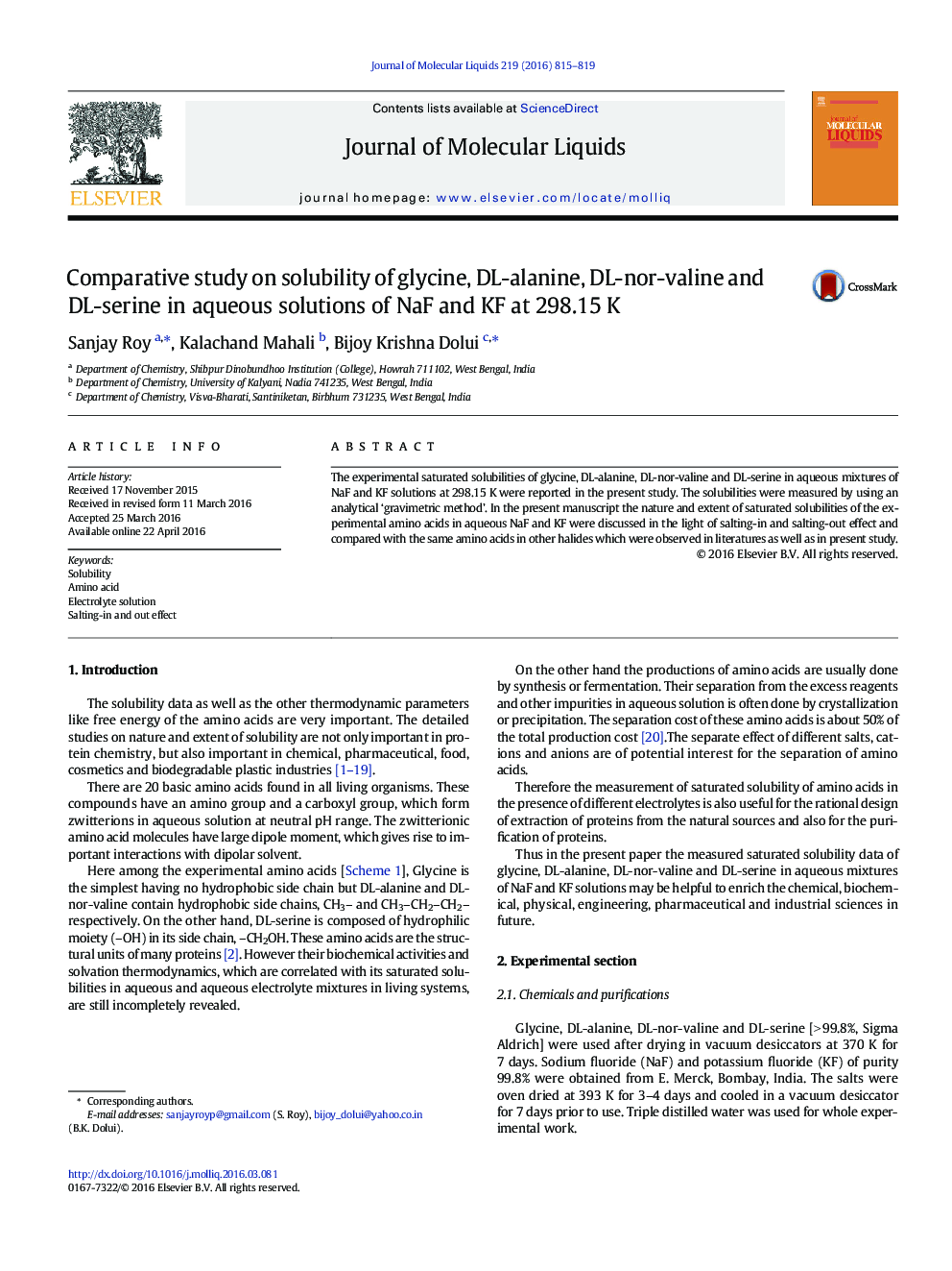 Comparative study on solubility of glycine, DL-alanine, DL-nor-valine and DL-serine in aqueous solutions of NaF and KF at 298.15Â K
