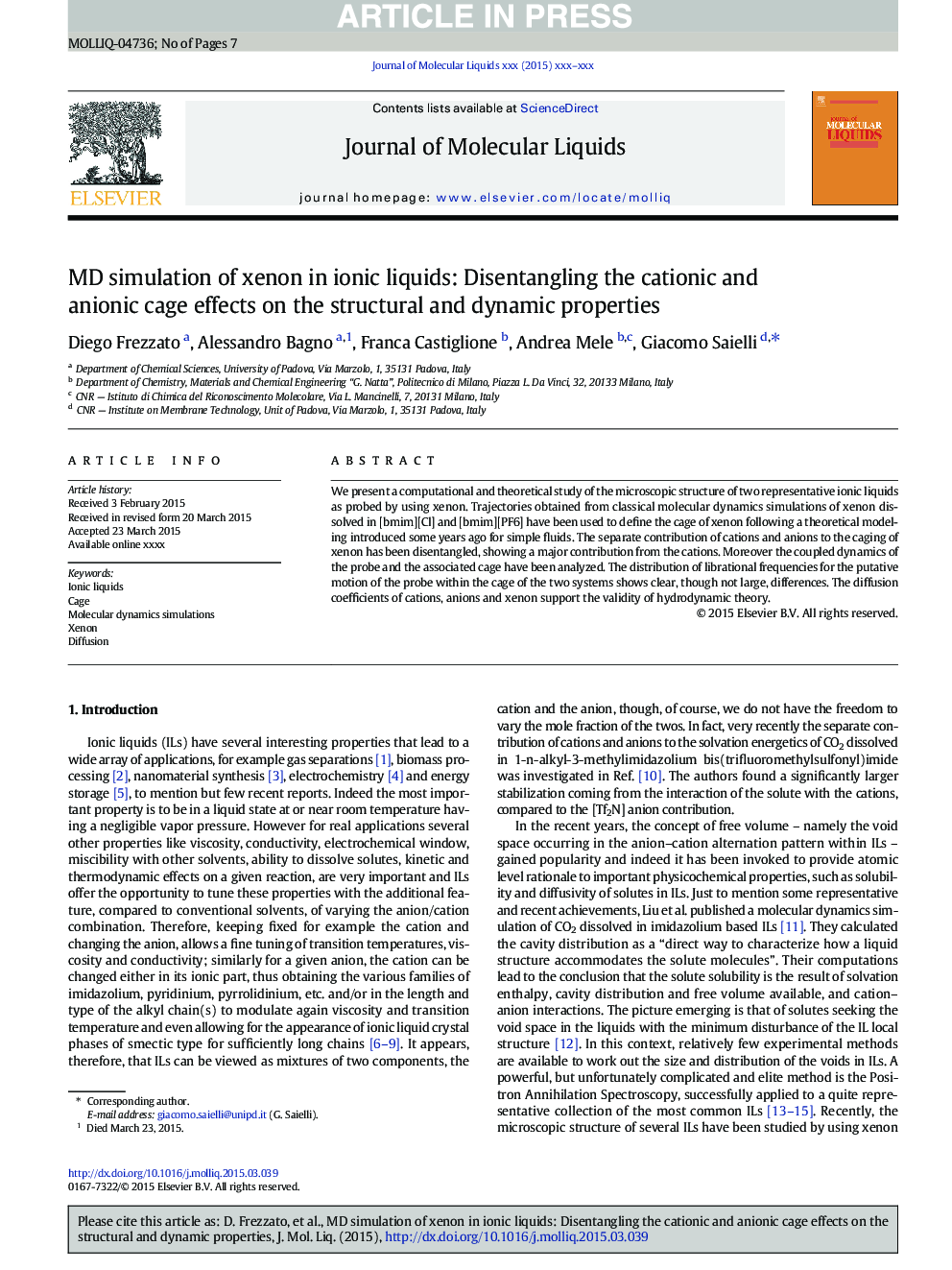 MD simulation of xenon in ionic liquids: Disentangling the cationic and anionic cage effects on the structural and dynamic properties