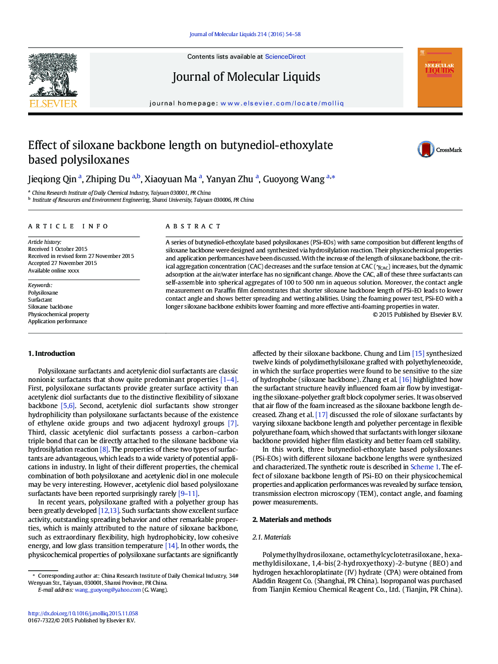 Effect of siloxane backbone length on butynediol-ethoxylate based polysiloxanes