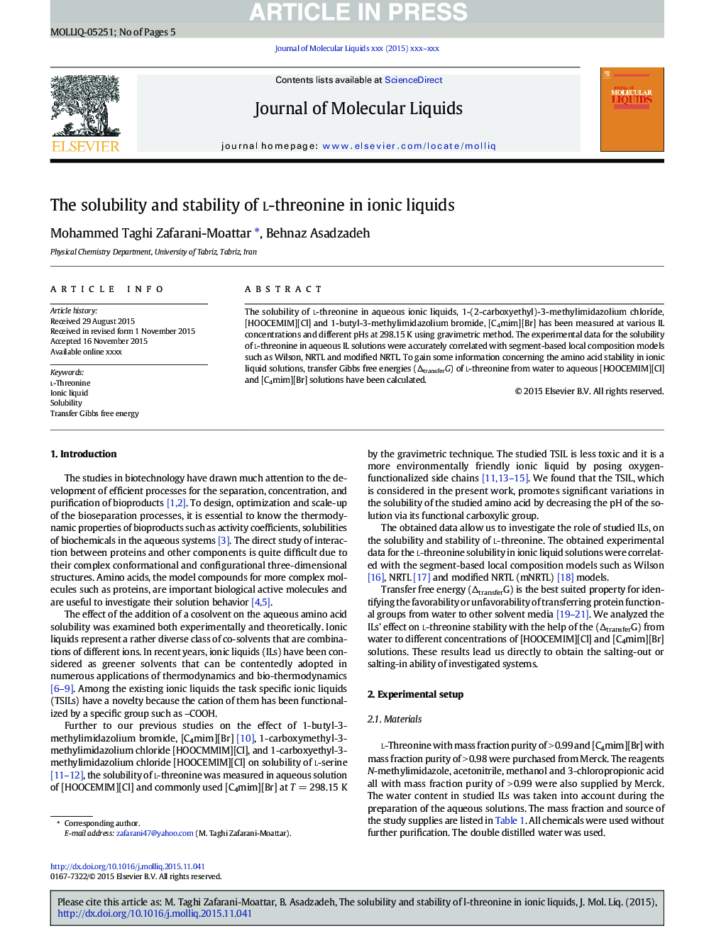 The solubility and stability of l-threonine in ionic liquids