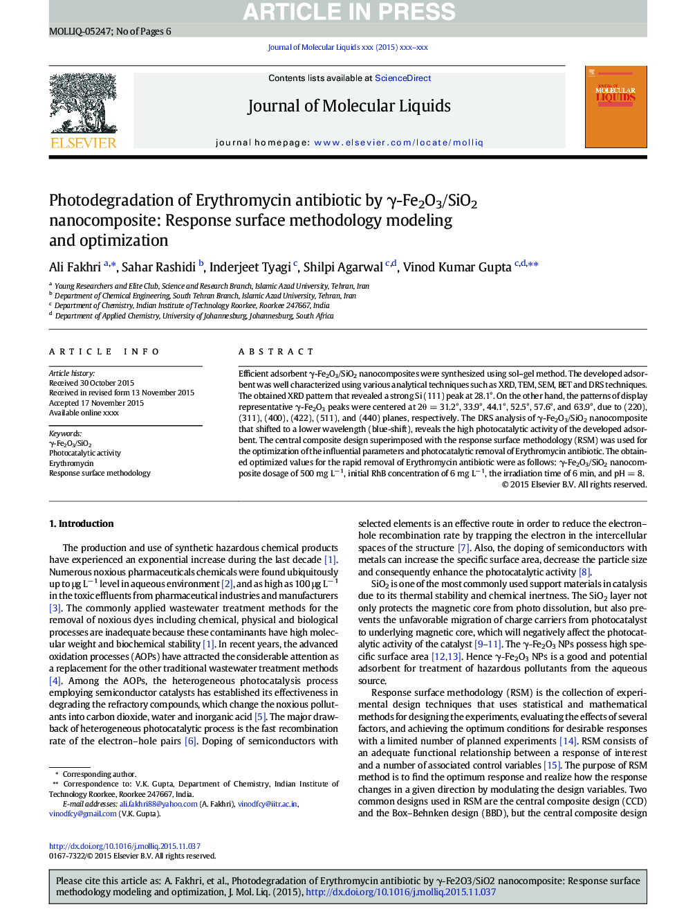 Photodegradation of Erythromycin antibiotic by Î³-Fe2O3/SiO2 nanocomposite: Response surface methodology modeling and optimization