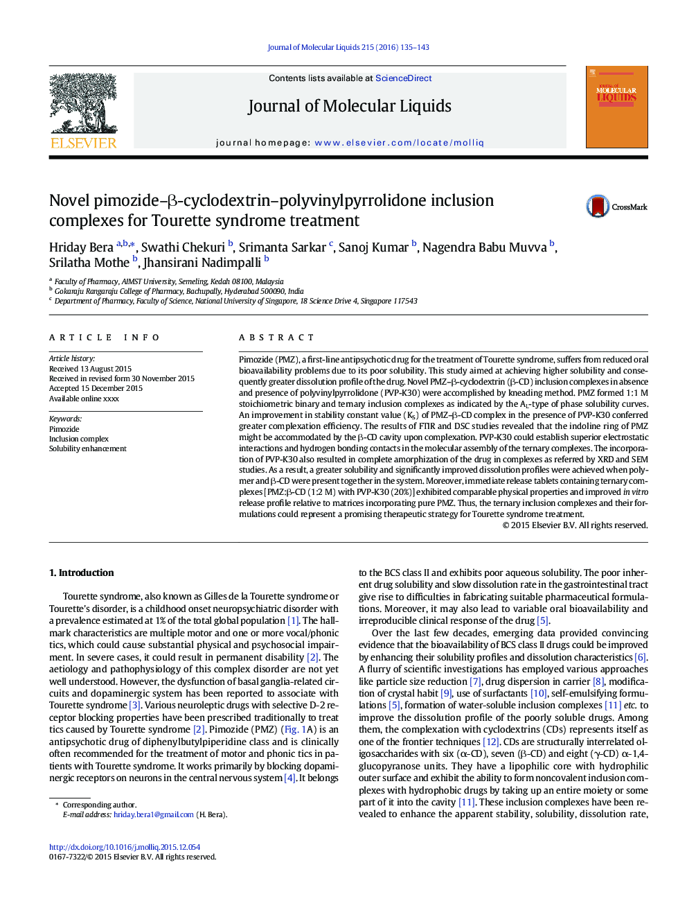 Novel pimozide-Î²-cyclodextrin-polyvinylpyrrolidone inclusion complexes for Tourette syndrome treatment