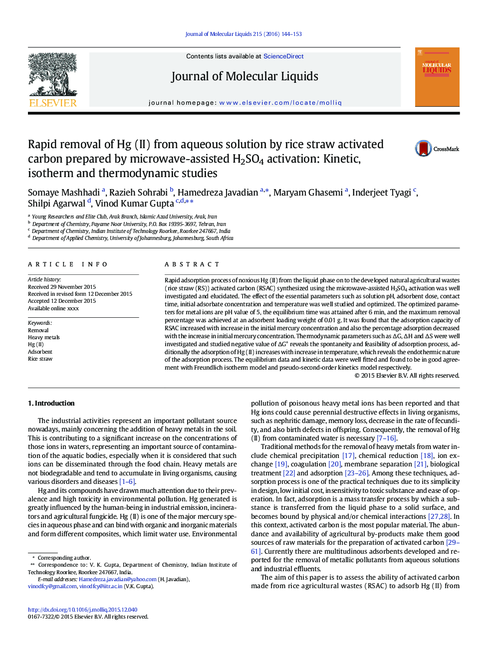 Rapid removal of Hg (II) from aqueous solution by rice straw activated carbon prepared by microwave-assisted H2SO4 activation: Kinetic, isotherm and thermodynamic studies