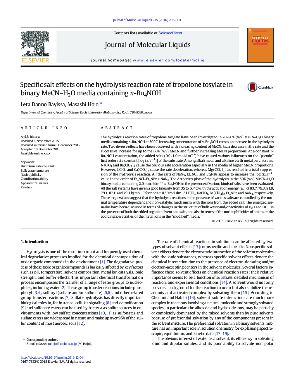 Specific salt effects on the hydrolysis reaction rate of tropolone tosylate in binary MeCN-H2O media containing n-Bu4NOH