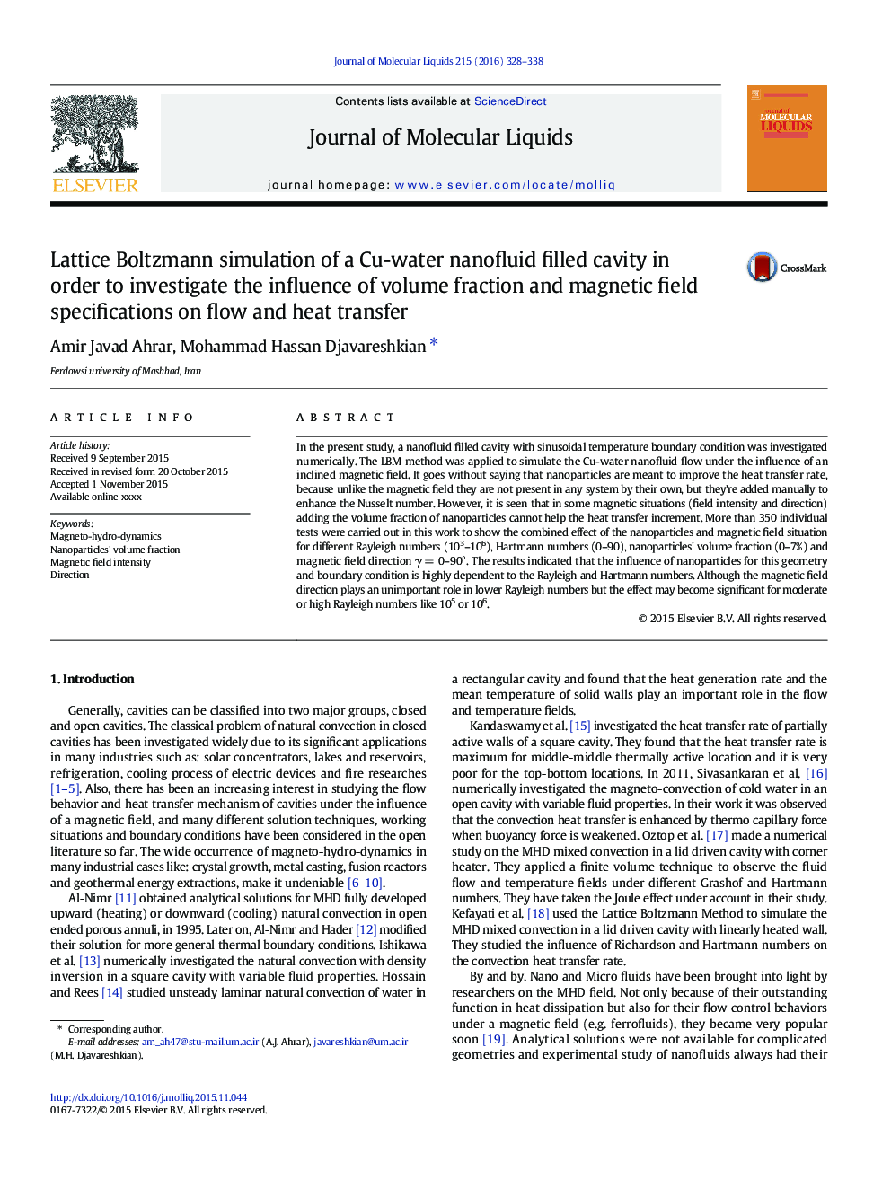 Lattice Boltzmann simulation of a Cu-water nanofluid filled cavity in order to investigate the influence of volume fraction and magnetic field specifications on flow and heat transfer