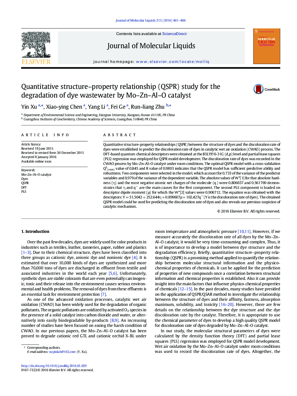 Quantitative structure-property relationship (QSPR) study for the degradation of dye wastewater by Mo-Zn-Al-O catalyst