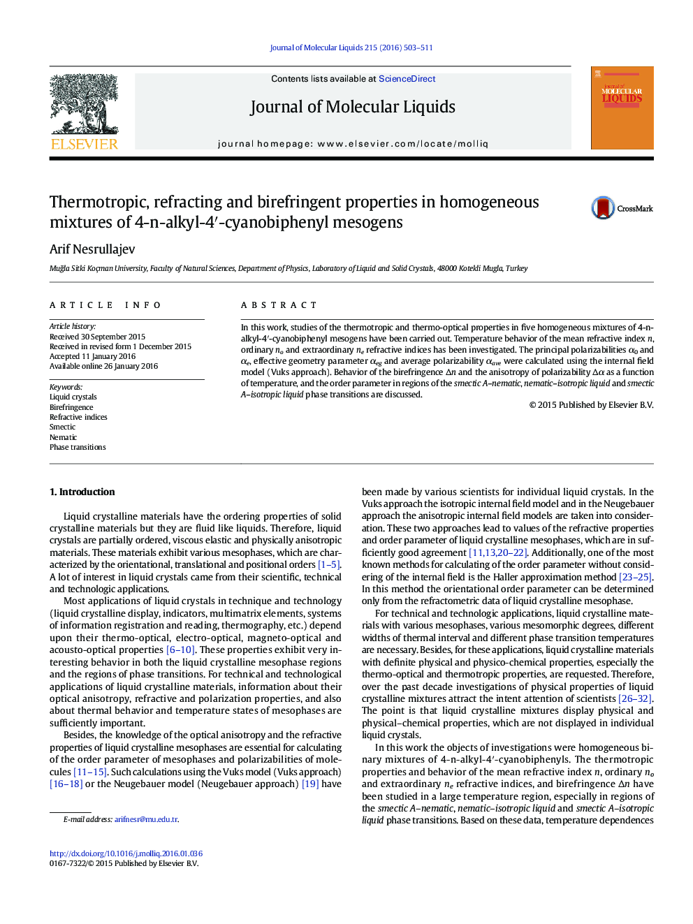 Thermotropic, refracting and birefringent properties in homogeneous mixtures of 4-n-alkyl-4â²-cyanobiphenyl mesogens