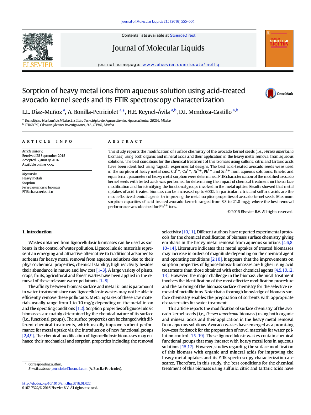 Sorption of heavy metal ions from aqueous solution using acid-treated avocado kernel seeds and its FTIR spectroscopy characterization