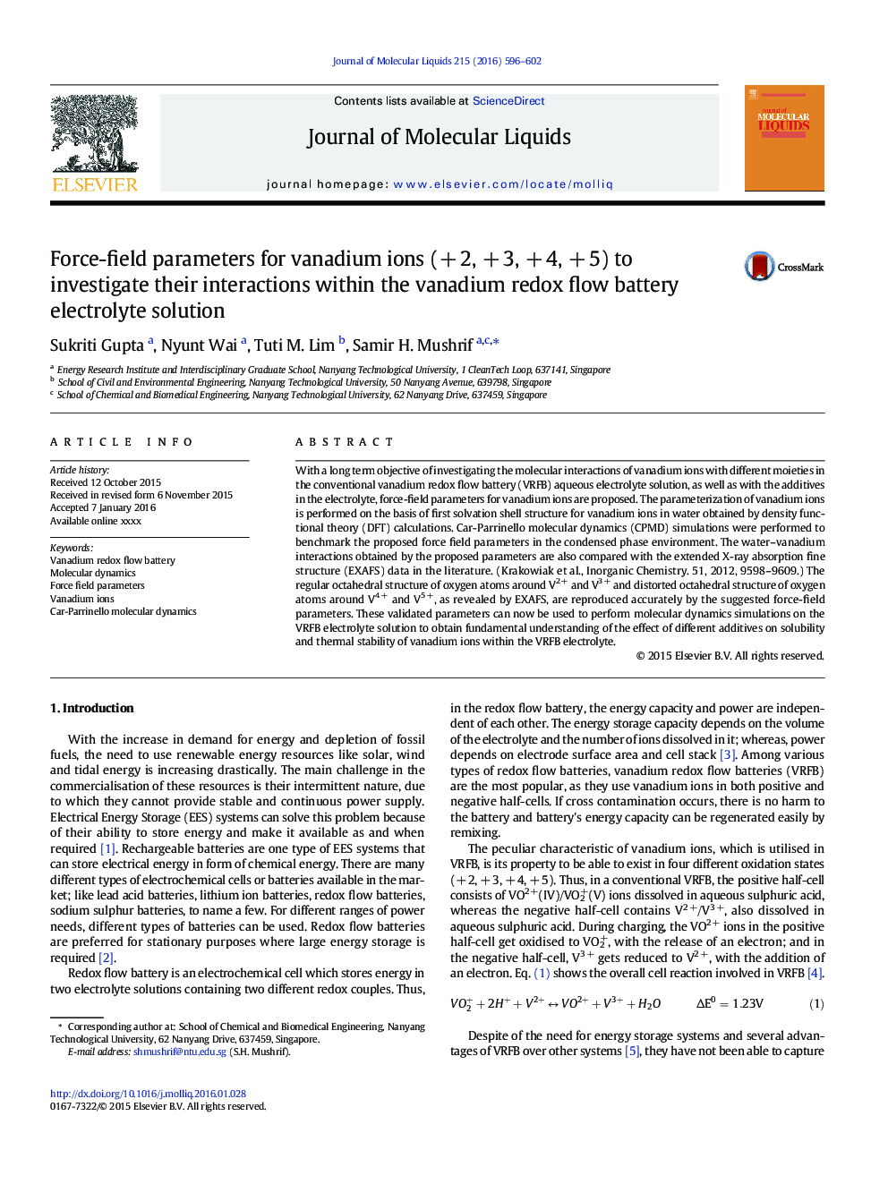 Force-field parameters for vanadium ions (+Â 2, +Â 3, +Â 4, +Â 5) to investigate their interactions within the vanadium redox flow battery electrolyte solution