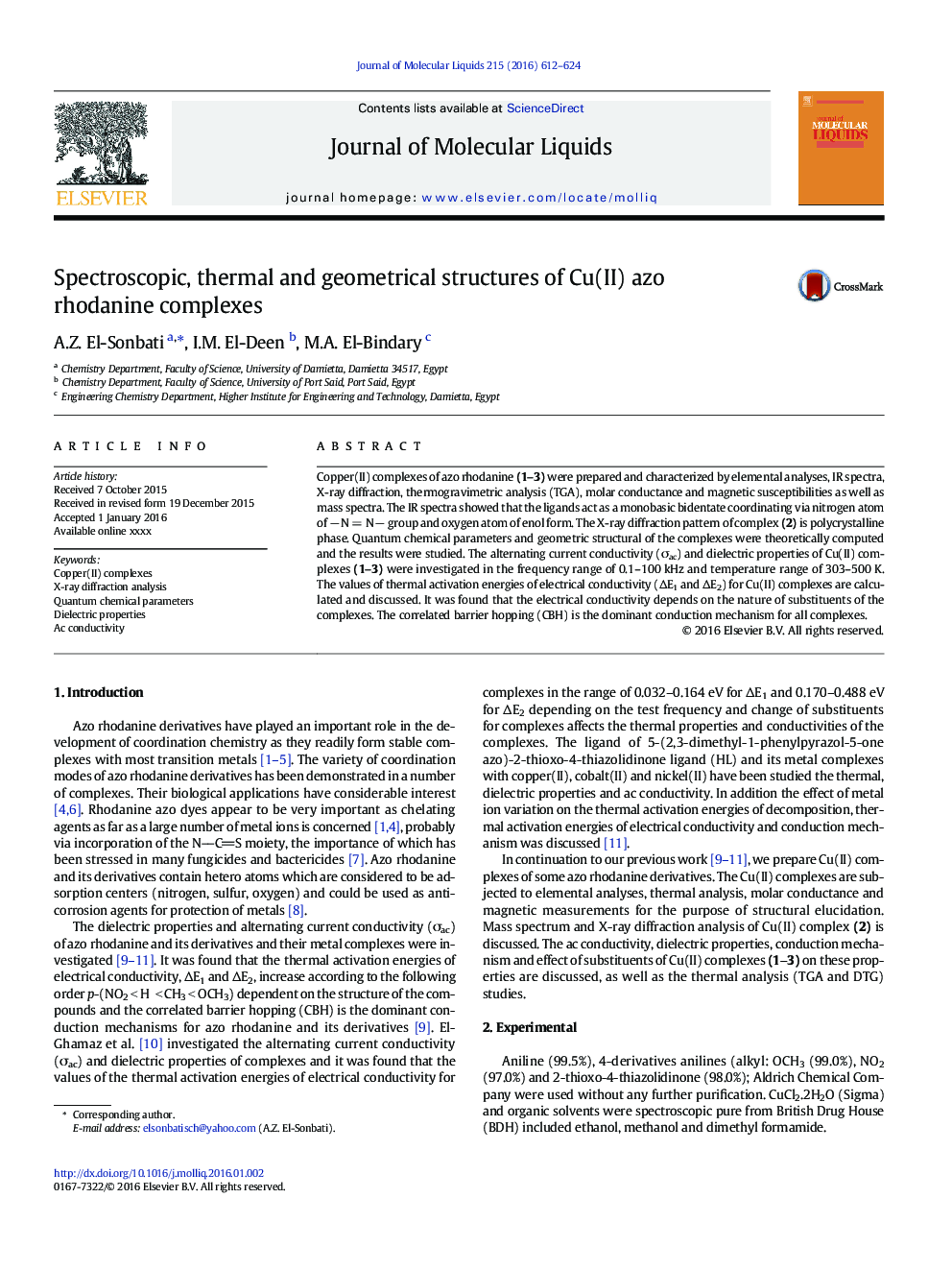 عکس صفحه اول مقاله: Spectroscopic, thermal and geometrical structures of Cu(II) azo rhodanine complexes Spectroscopic, thermal and geometrical structures of Cu(II) azo rhodanine complexes