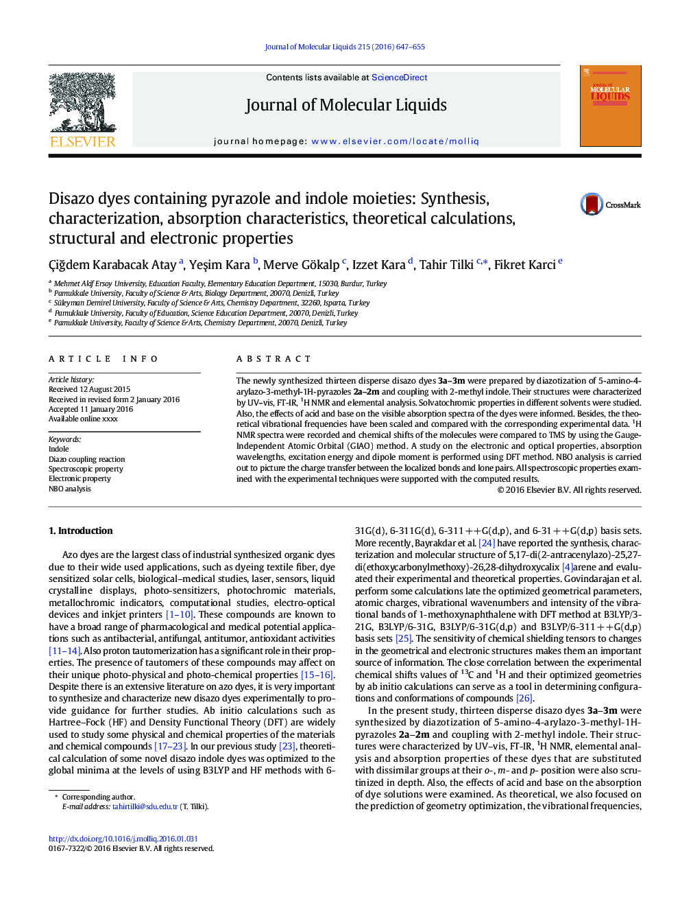 Disazo dyes containing pyrazole and indole moieties: Synthesis, characterization, absorption characteristics, theoretical calculations, structural and electronic properties