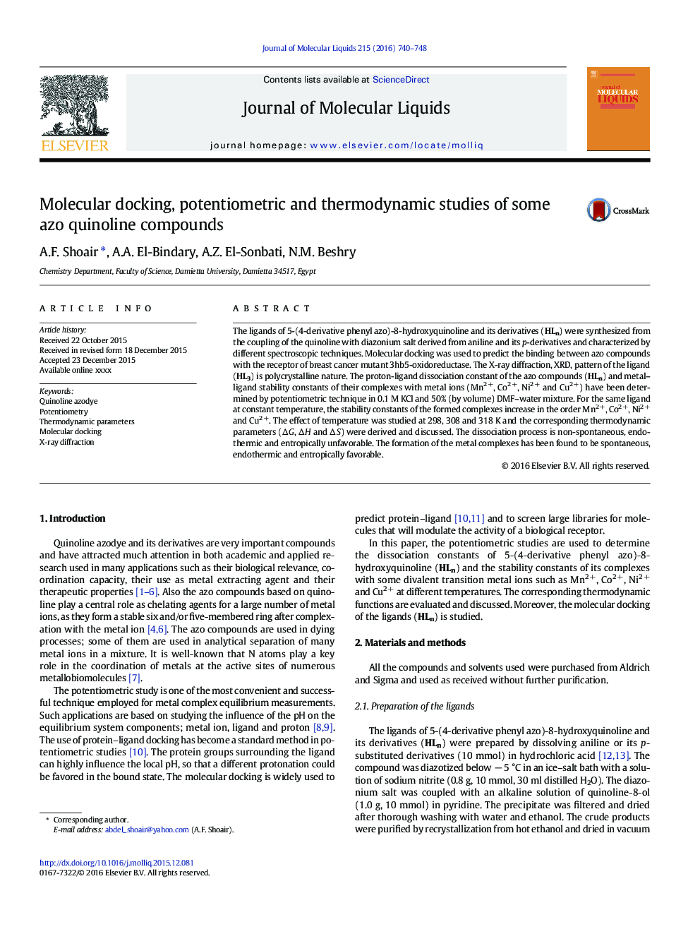 Molecular docking, potentiometric and thermodynamic studies of some azo quinoline compounds
