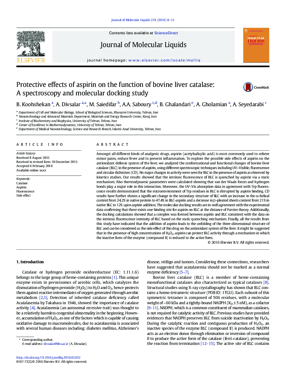 Protective effects of aspirin on the function of bovine liver catalase: A spectroscopy and molecular docking study