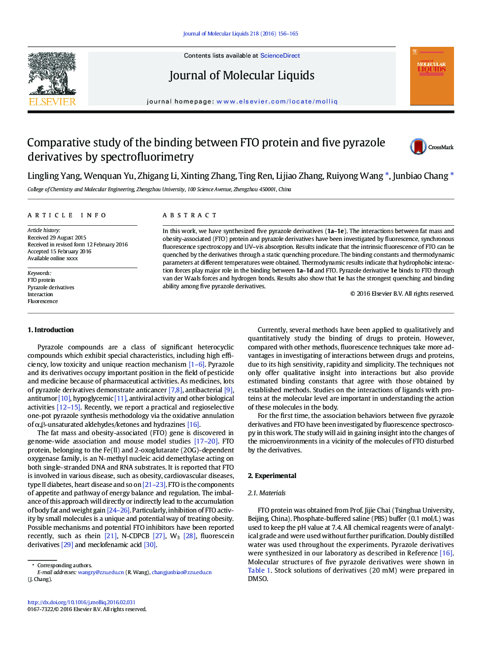 Comparative study of the binding between FTO protein and five pyrazole derivatives by spectrofluorimetry