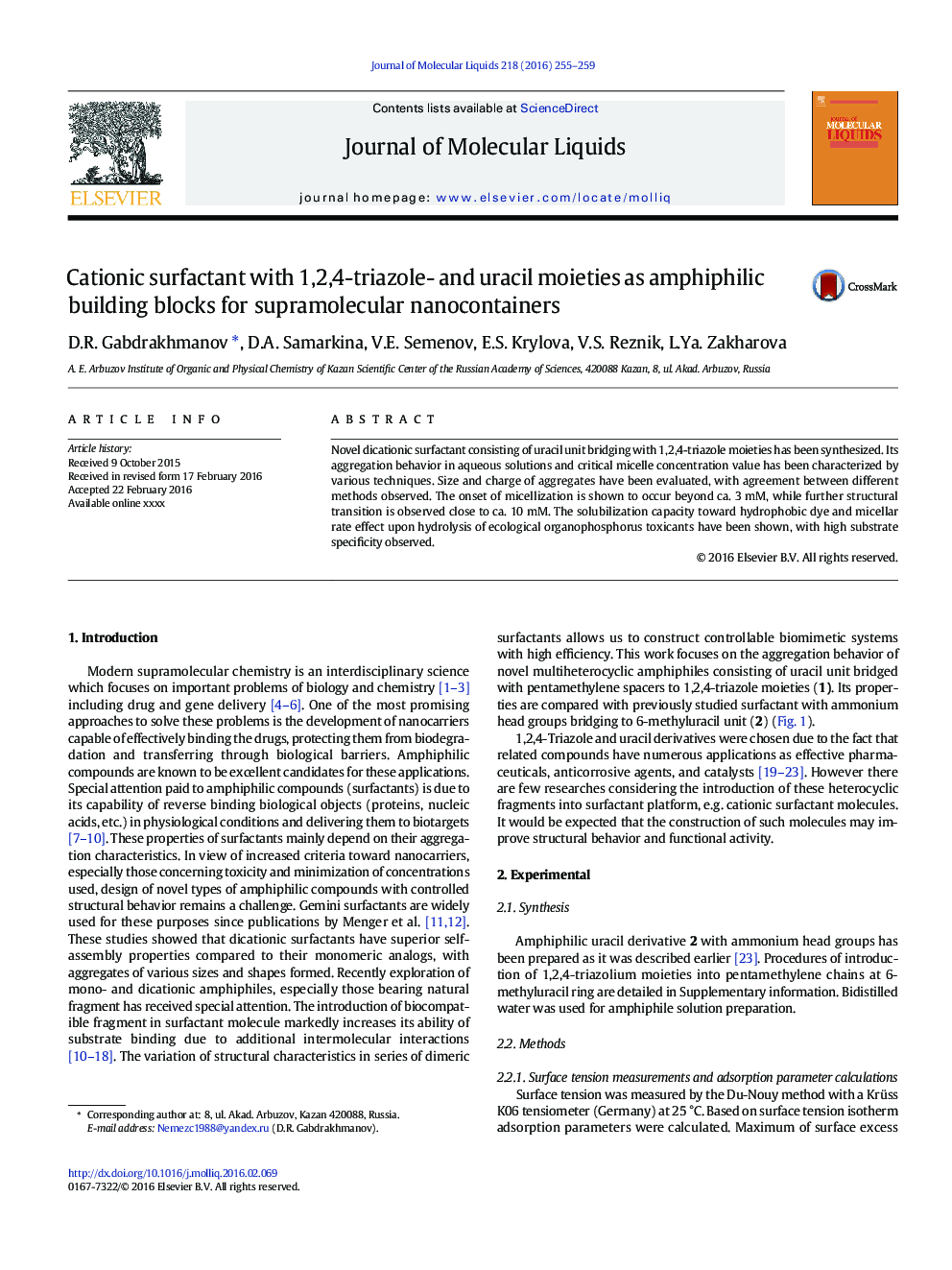 Cationic surfactant with 1,2,4-triazole- and uracil moieties as amphiphilic building blocks for supramolecular nanocontainers