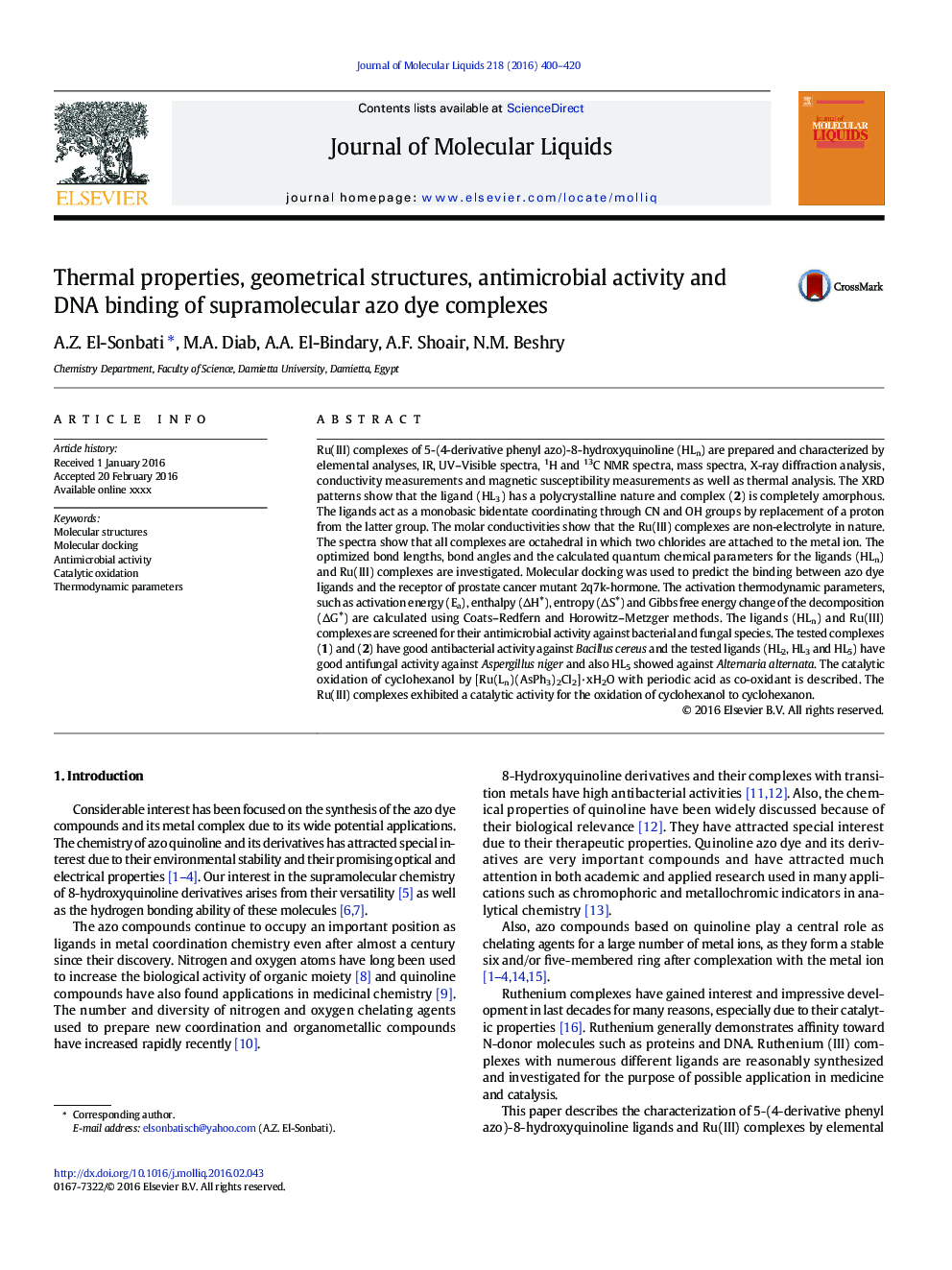 Thermal properties, geometrical structures, antimicrobial activity and DNA binding of supramolecular azo dye complexes