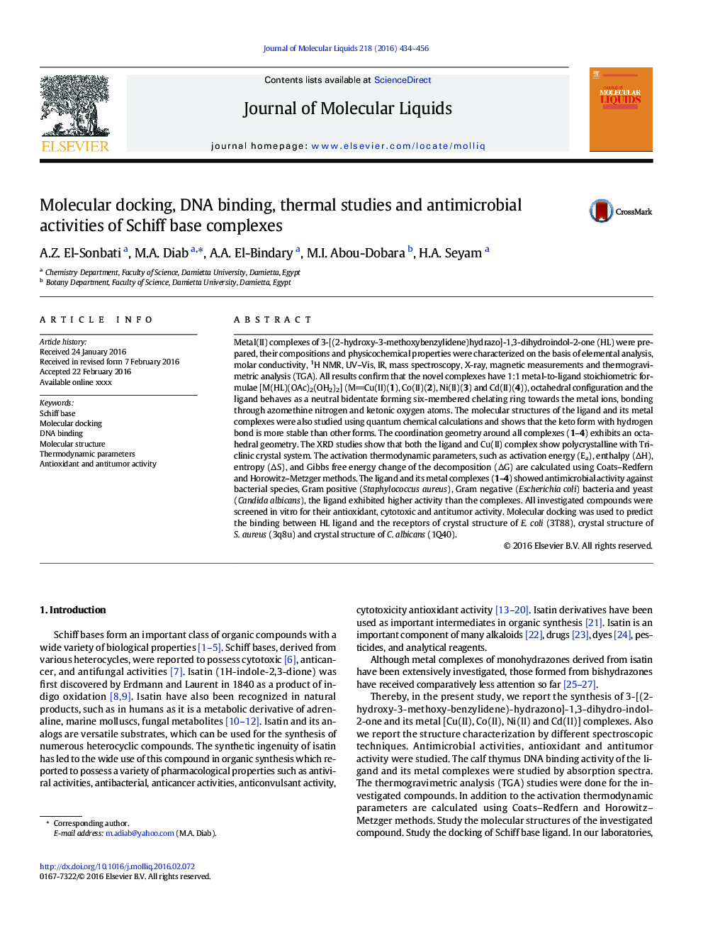 Molecular docking, DNA binding, thermal studies and antimicrobial activities of Schiff base complexes