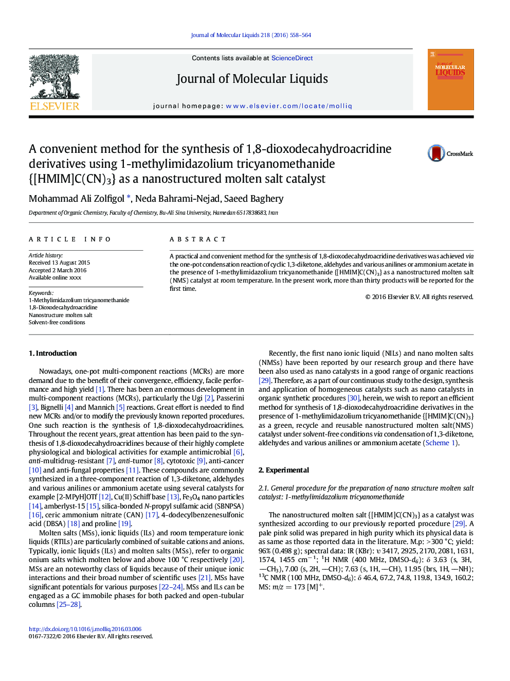 A convenient method for the synthesis of 1,8-dioxodecahydroacridine derivatives using 1-methylimidazolium tricyanomethanide {[HMIM]C(CN)3} as a nanostructured molten salt catalyst