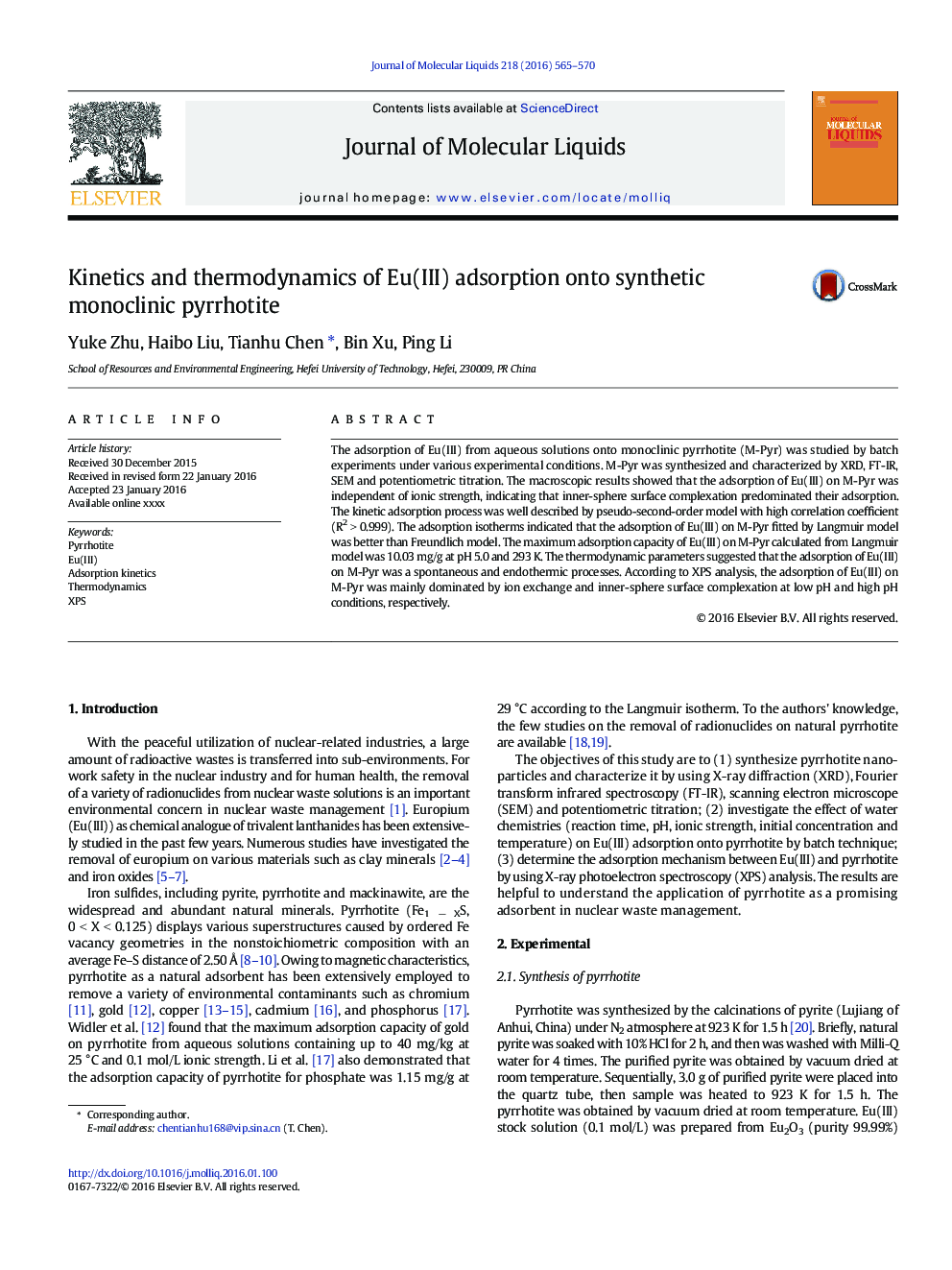 Kinetics and thermodynamics of Eu(III) adsorption onto synthetic monoclinic pyrrhotite