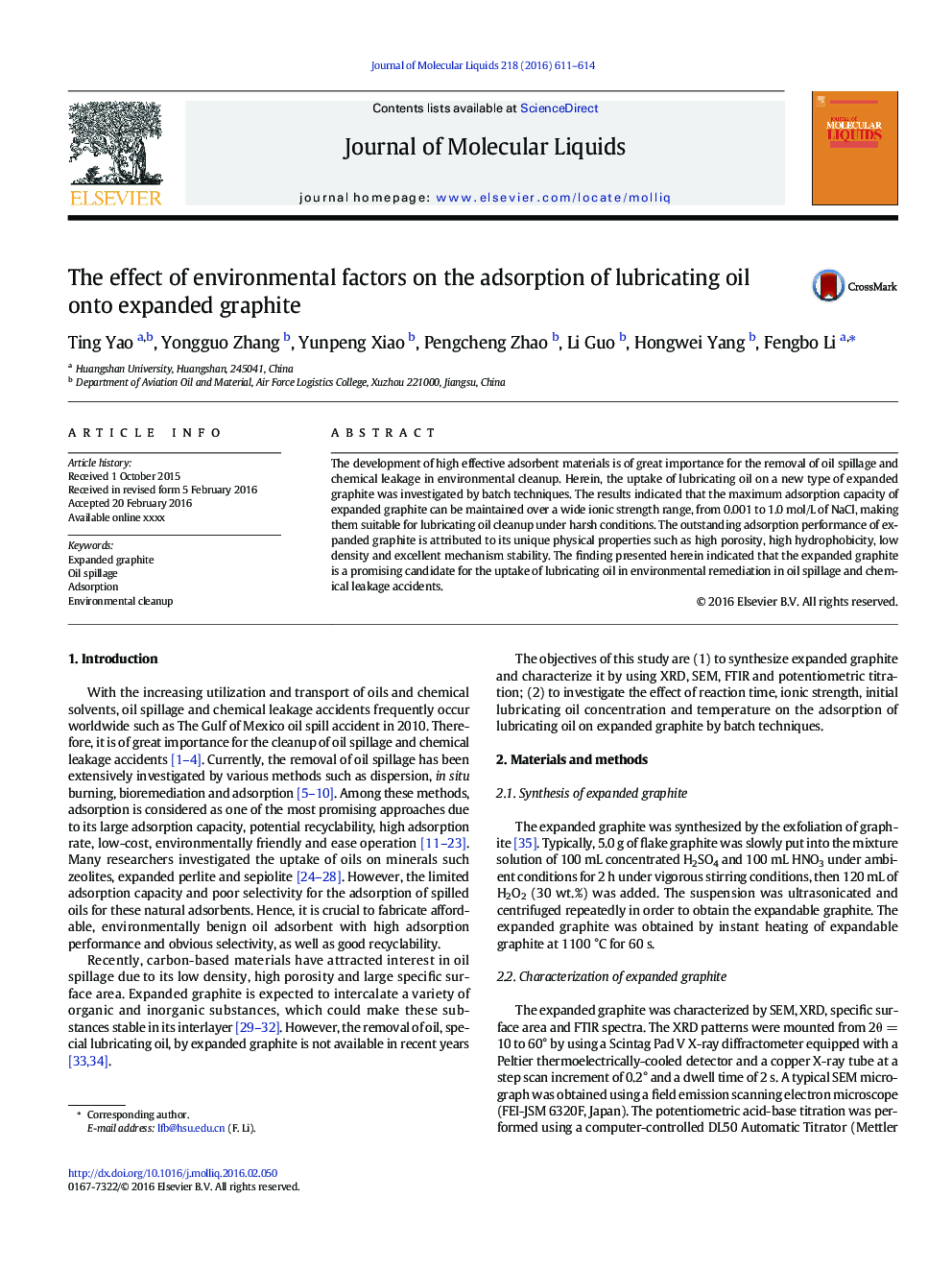 The effect of environmental factors on the adsorption of lubricating oil onto expanded graphite