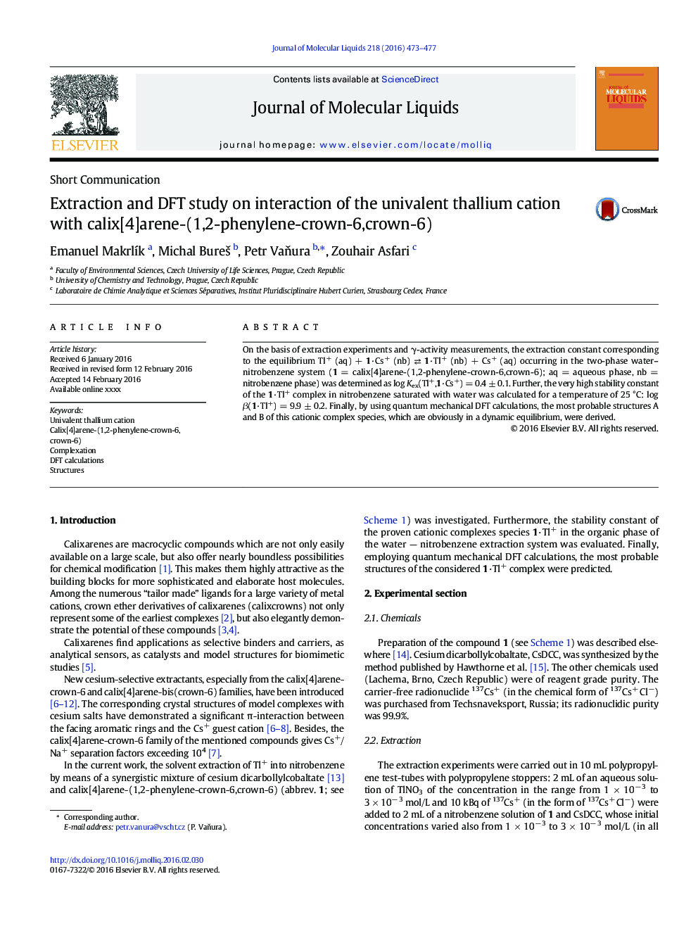 Extraction and DFT study on interaction of the univalent thallium cation with calix[4]arene-(1,2-phenylene-crown-6,crown-6)