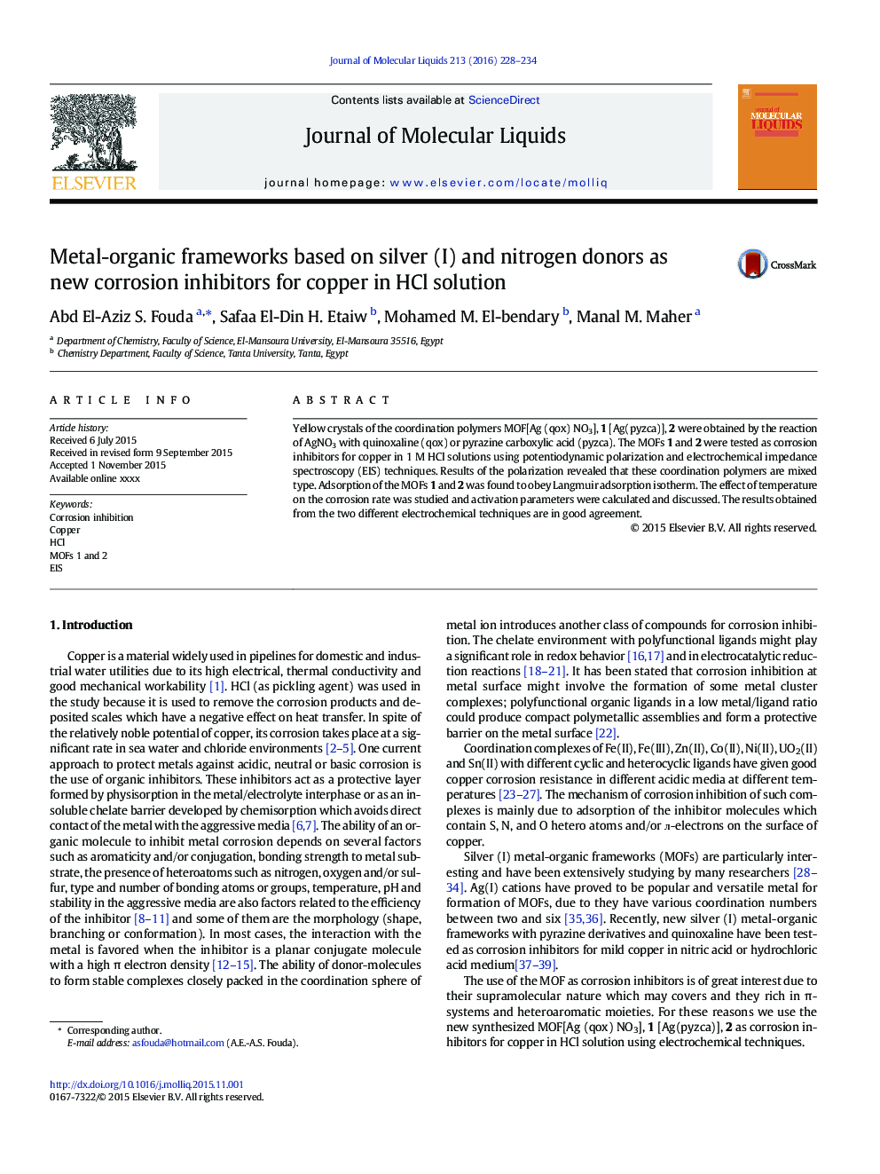 Metal-organic frameworks based on silver (I) and nitrogen donors as new corrosion inhibitors for copper in HCl solution