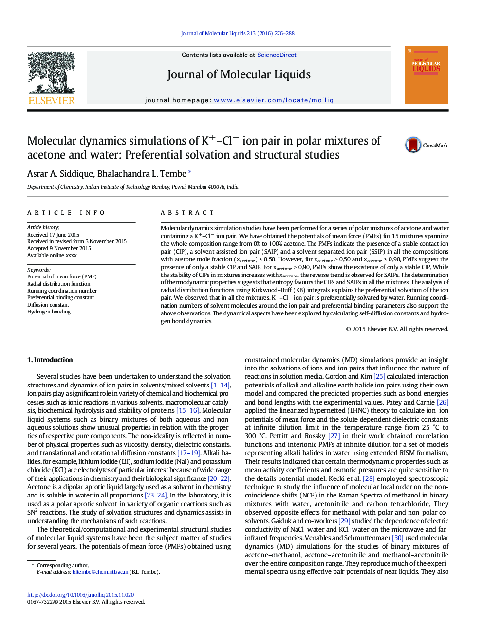 Molecular dynamics simulations of K+-Clâ ion pair in polar mixtures of acetone and water: Preferential solvation and structural studies