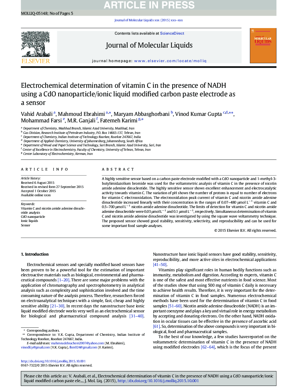 Electrochemical determination of vitamin C in the presence of NADH using a CdO nanoparticle/ionic liquid modified carbon paste electrode as a sensor