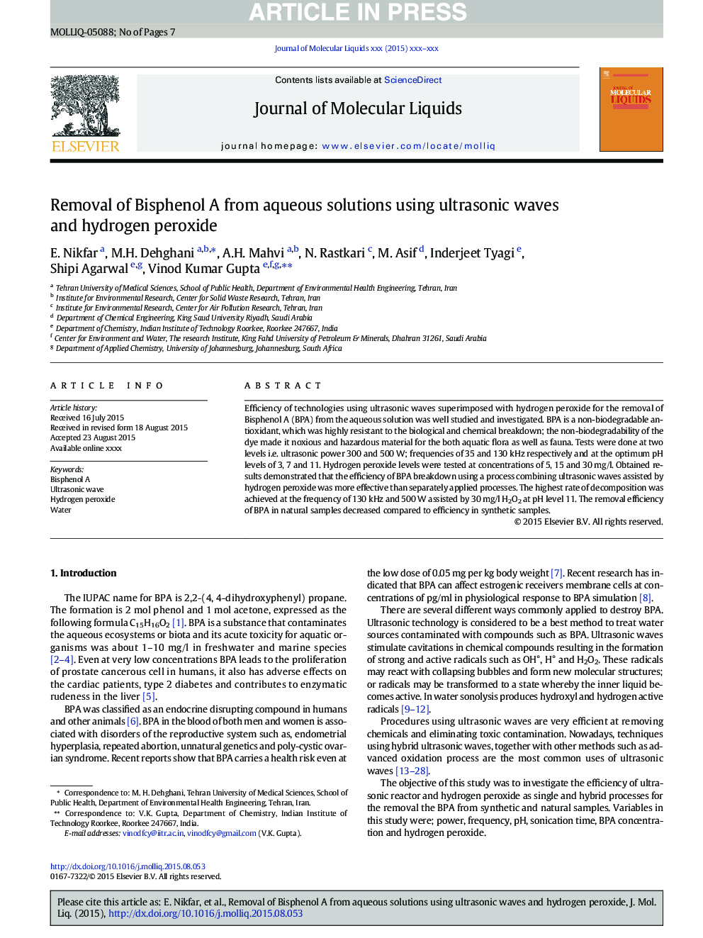 Removal of Bisphenol A from aqueous solutions using ultrasonic waves and hydrogen peroxide