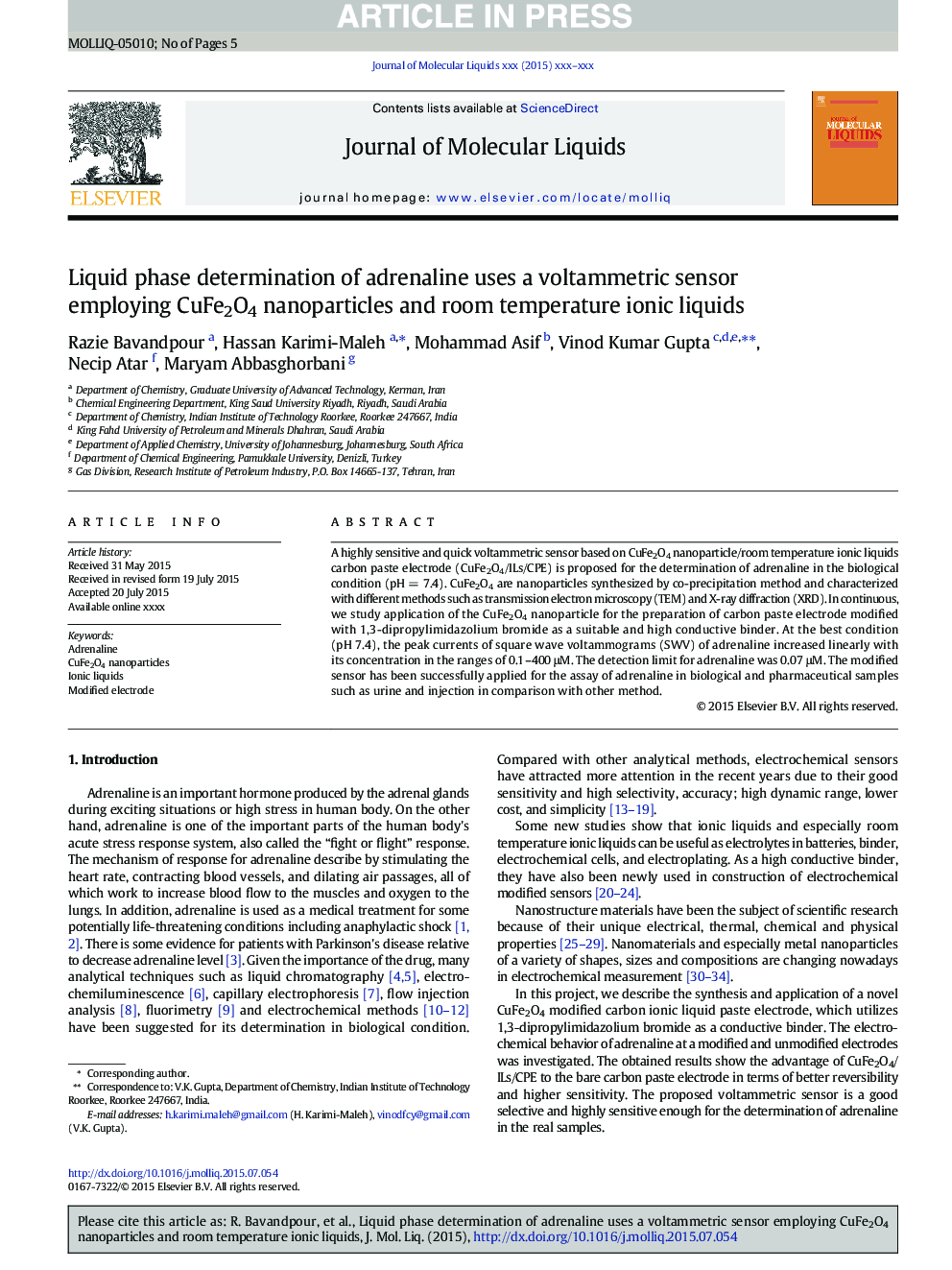 Liquid phase determination of adrenaline uses a voltammetric sensor employing CuFe2O4 nanoparticles and room temperature ionic liquids