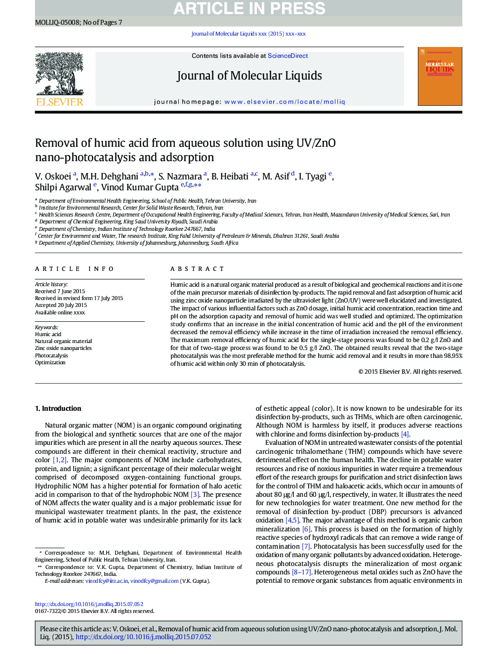 Removal of humic acid from aqueous solution using UV/ZnO nano-photocatalysis and adsorption