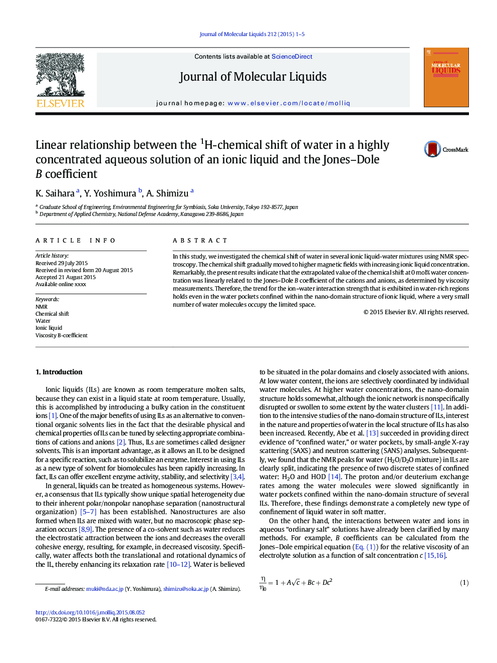 Linear relationship between the 1H-chemical shift of water in a highly concentrated aqueous solution of an ionic liquid and the Jones-Dole B coefficient